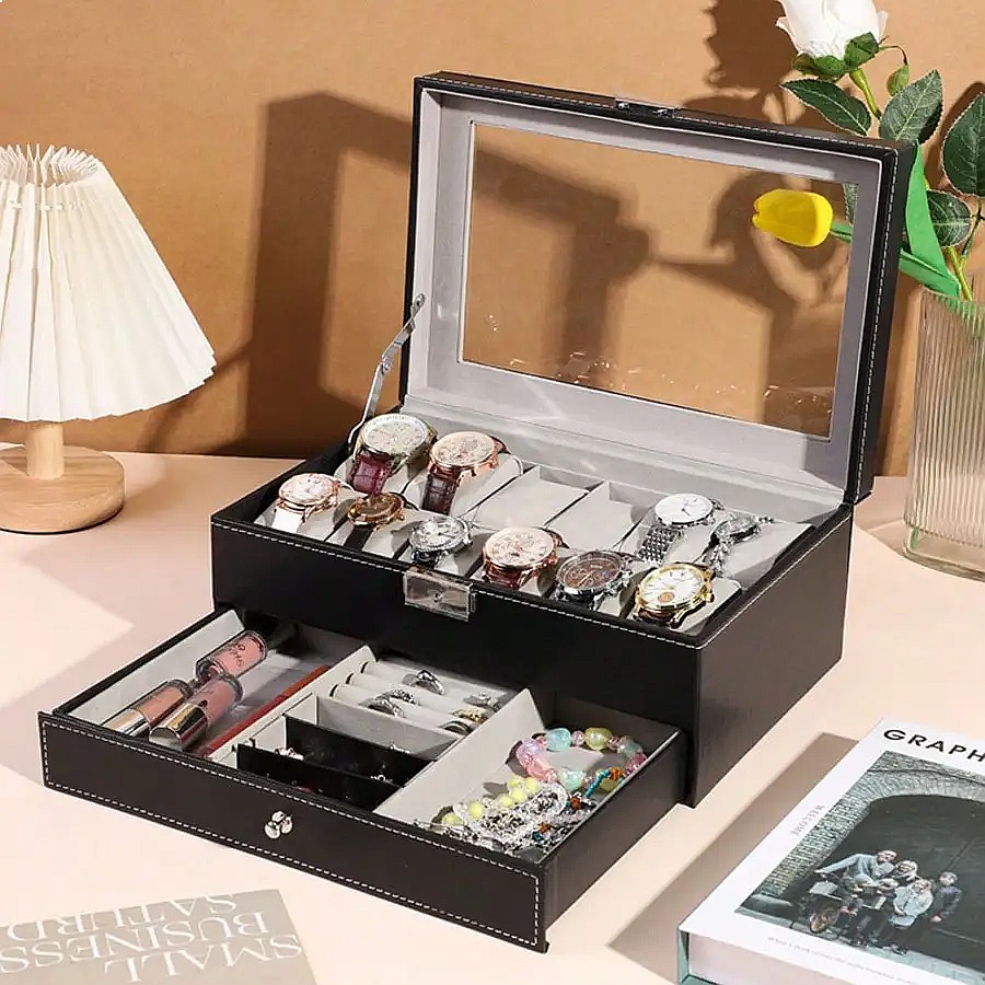 12-Slot Watch Box with Drawer, - огляд і ціна Luxury Watch Leather